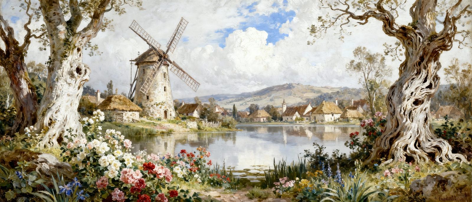 Detailed Oil Painting of Windmill Village and Lake