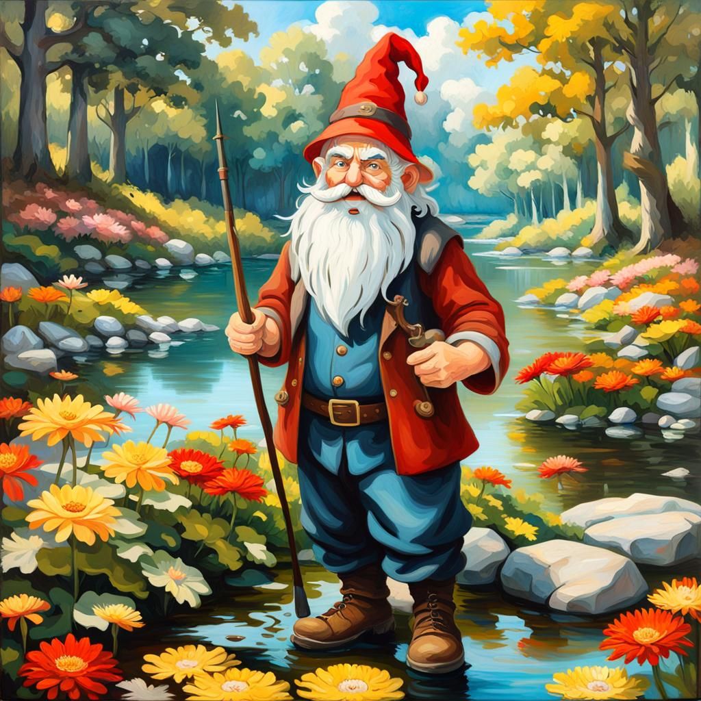 Gnome Fishing in Cottagecore Chrysanthemum Garden