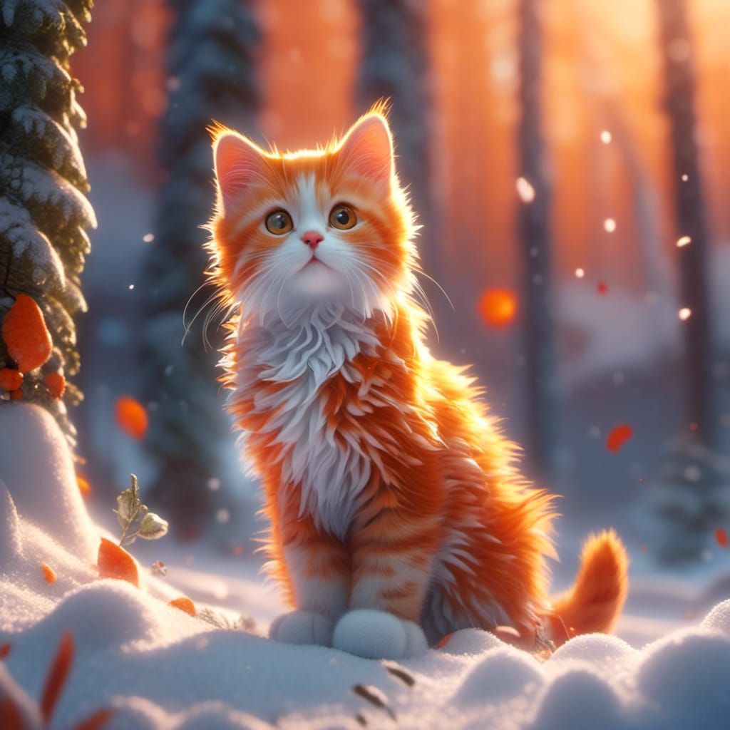 Orange Kitten in Snowy Forest: Hyperrealistic Art