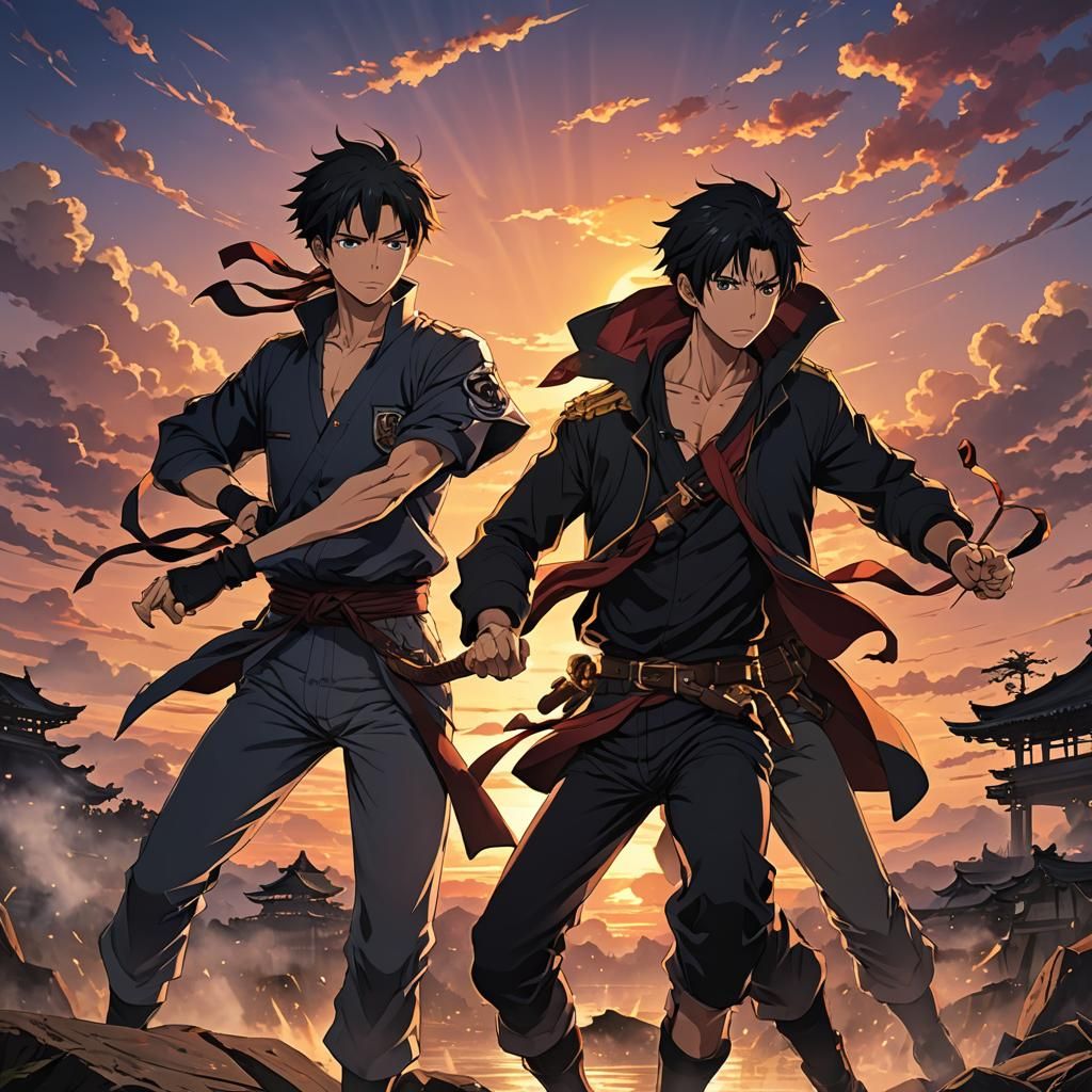 Anime-Style Battle for Survival at Sunset