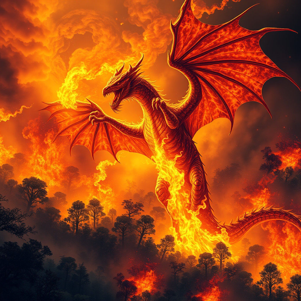 Fiery Dragon Engulfs Forest in Flames