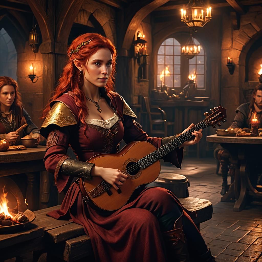 Half-Elf Bard in Tavern with Lute: Matte Painting