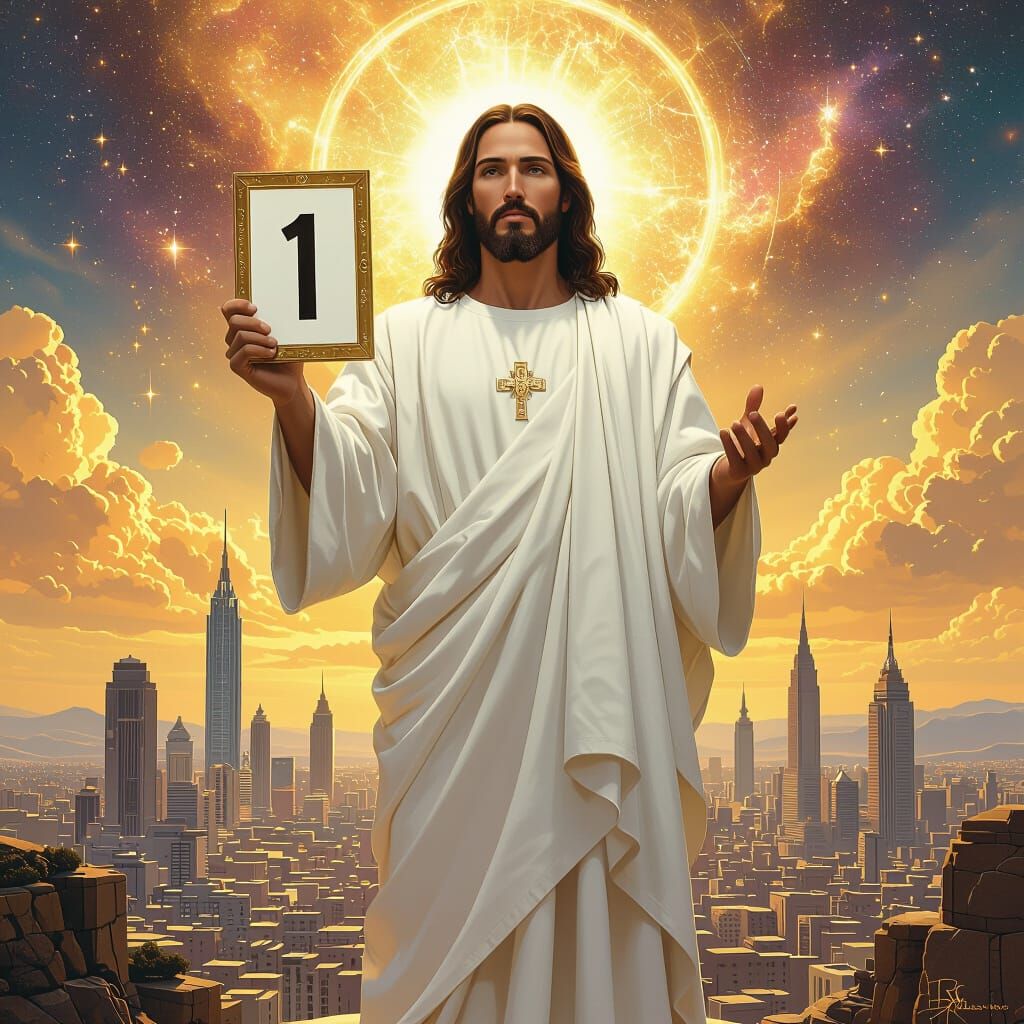 Jesus Christ Holding Number One Above Cityscape