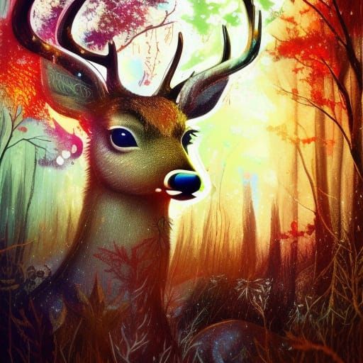 Glowing Magic Deer Cub in Forest: Digital Art