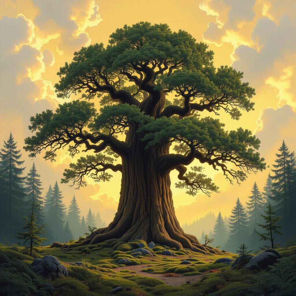 Ancient Cedar Tree Under Mystical Yellow Sky