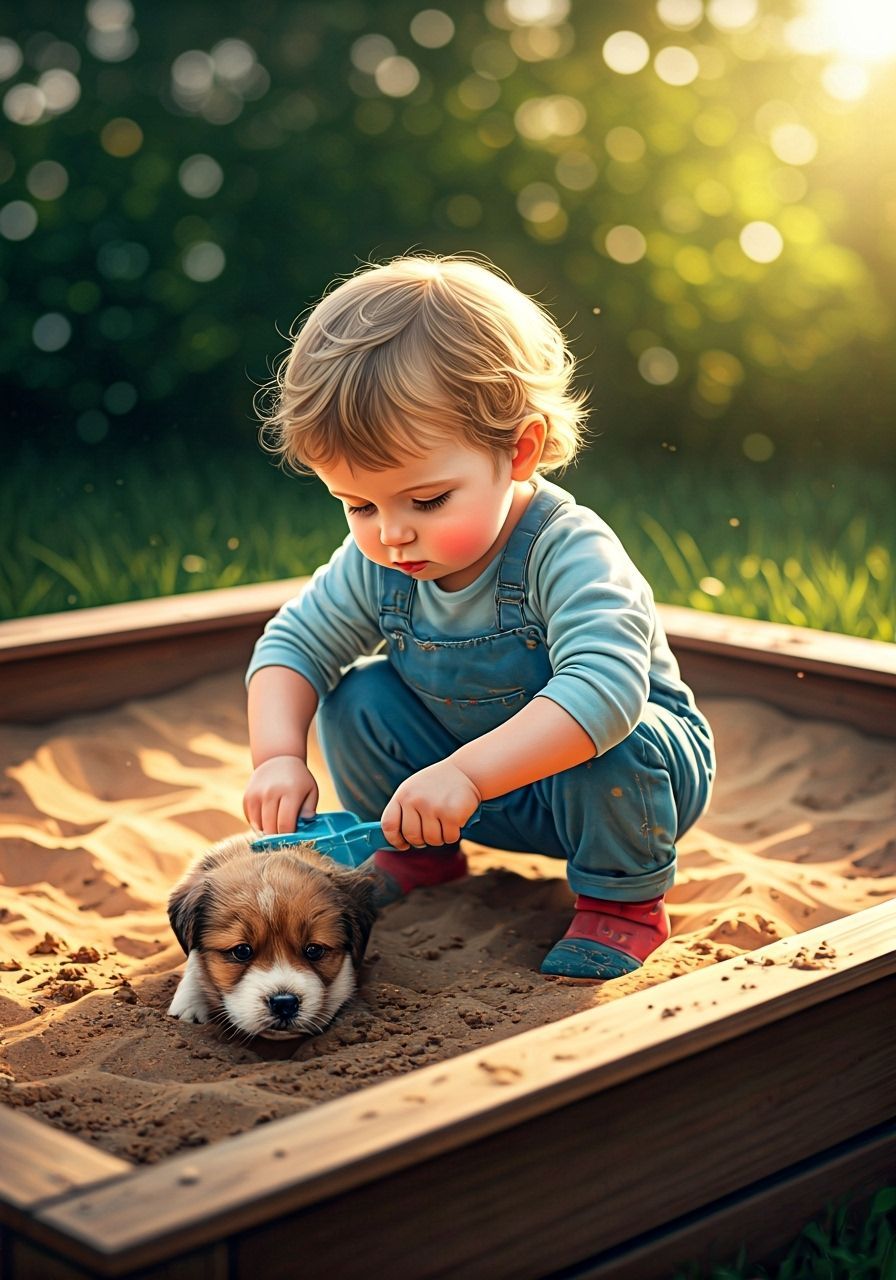 Child and Puppy Digging in Sandbox, Norman Rockwell Style