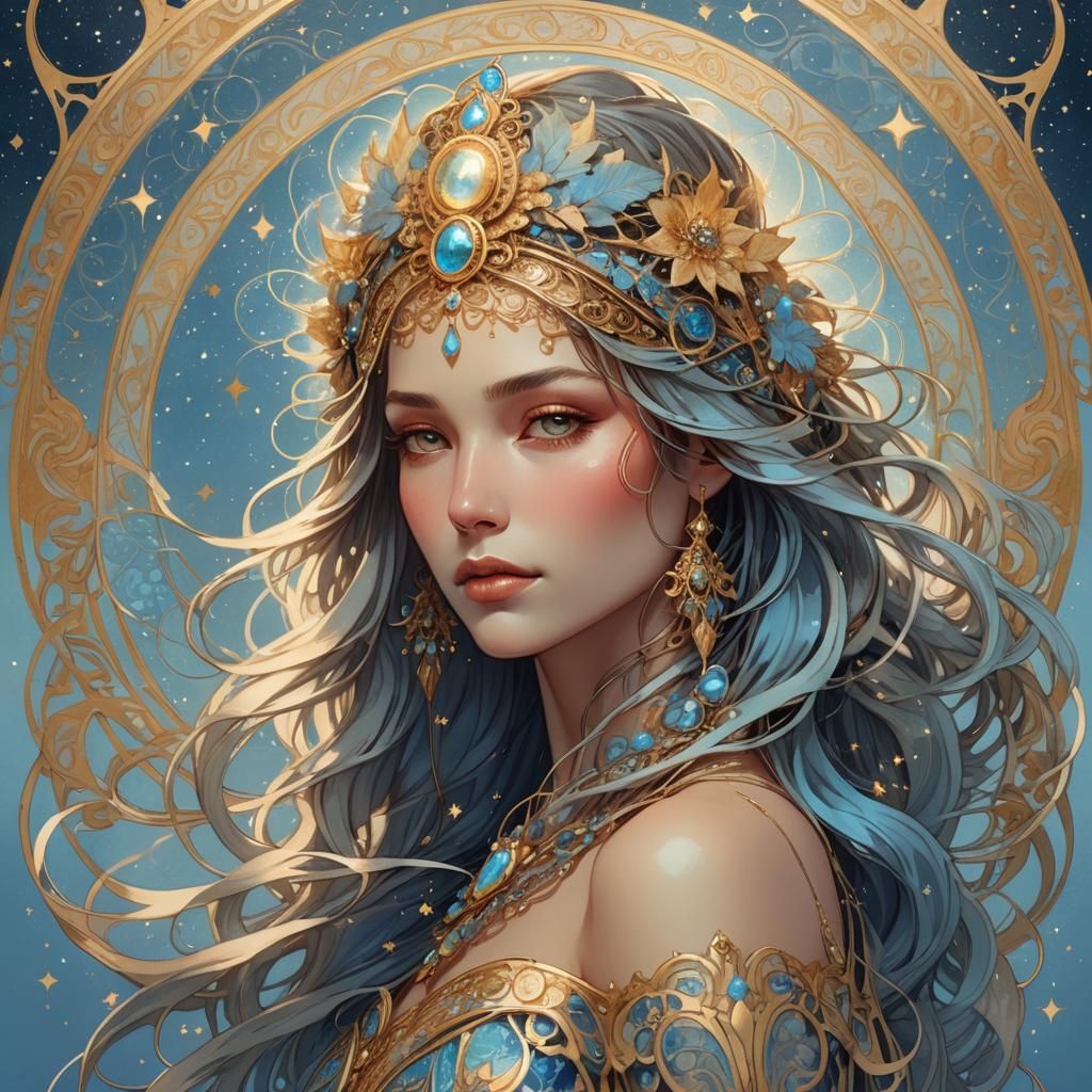 Ethereal Woman Portrait with Ornate Headdress in Art Nouveau...