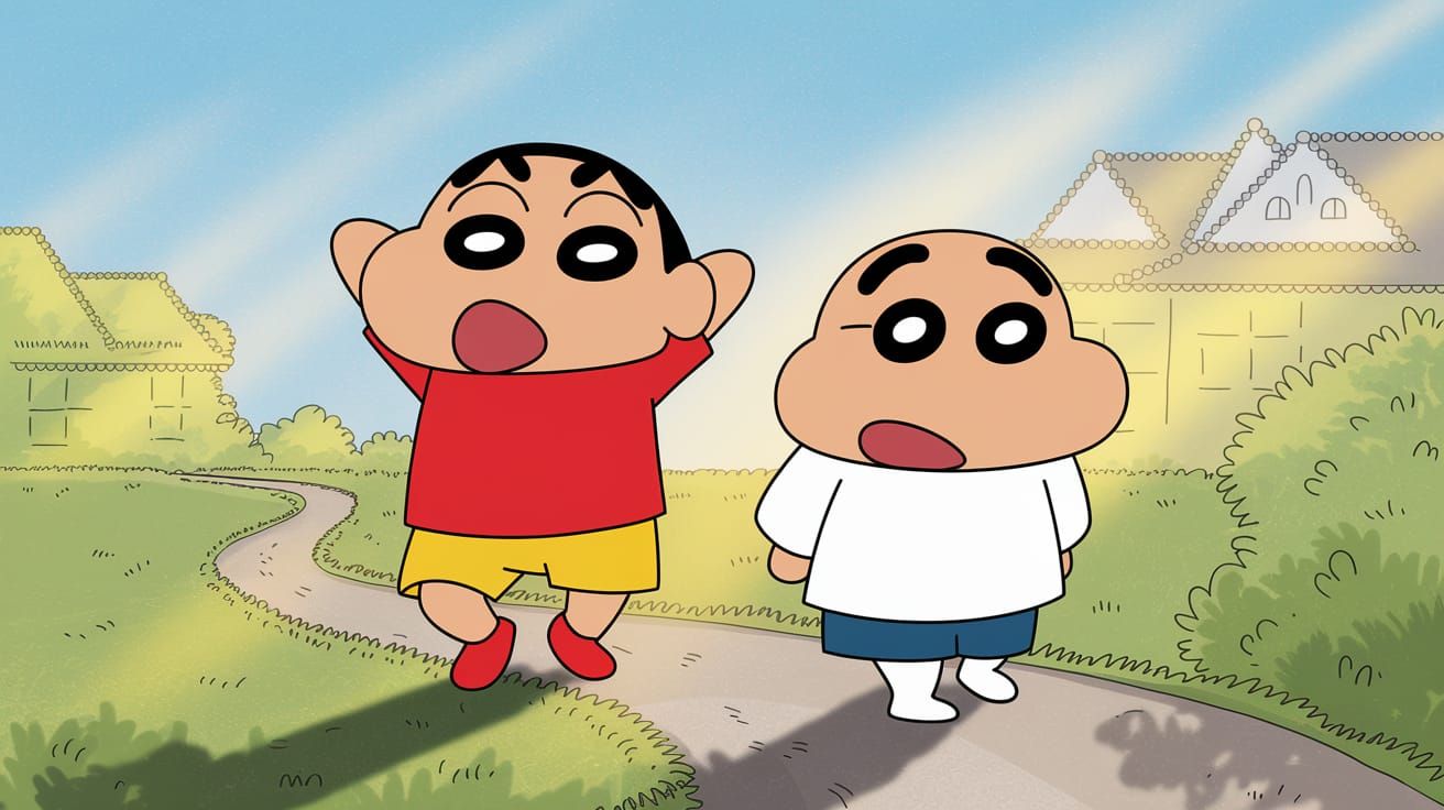 Shinchan and Kazama Walking Happily in Cartoon Style