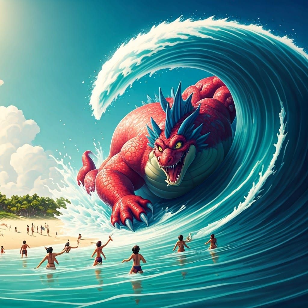 Giant Cartoon Dragon Surfing Towards Beach