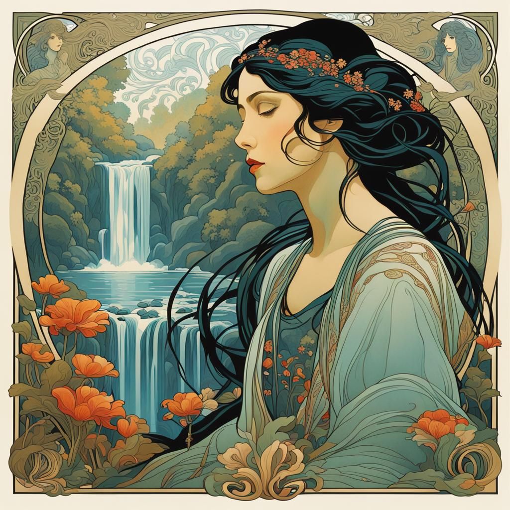Art Nouveau Waterfall with Elegant Woman