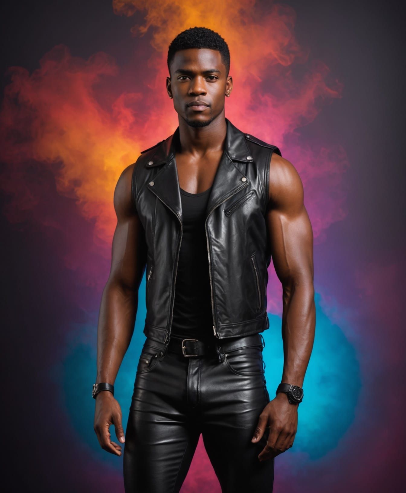Handsome Man in Leather Vest with Dramatic Lighting