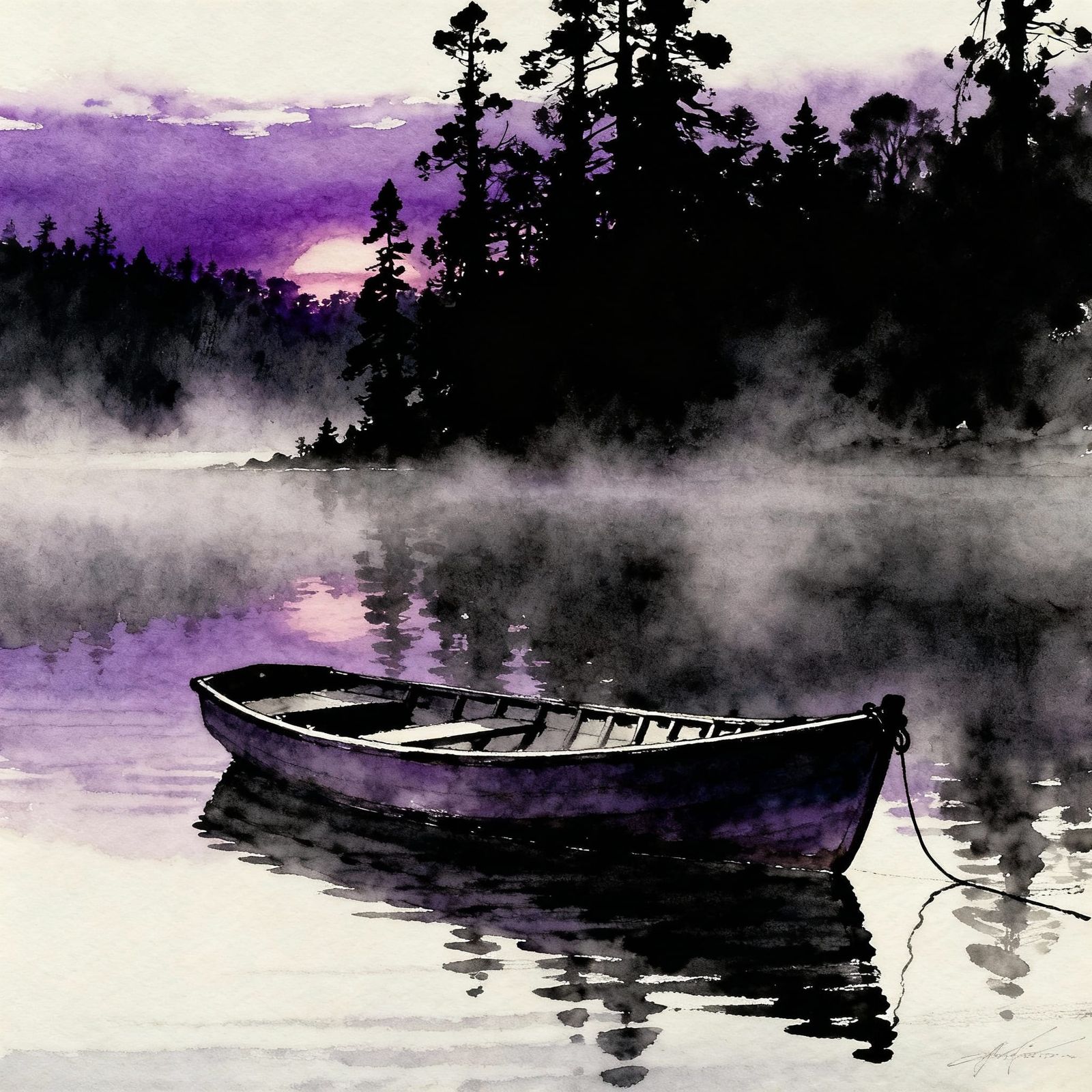 Serene Lake Silhouette with Moored Boat at Sunset