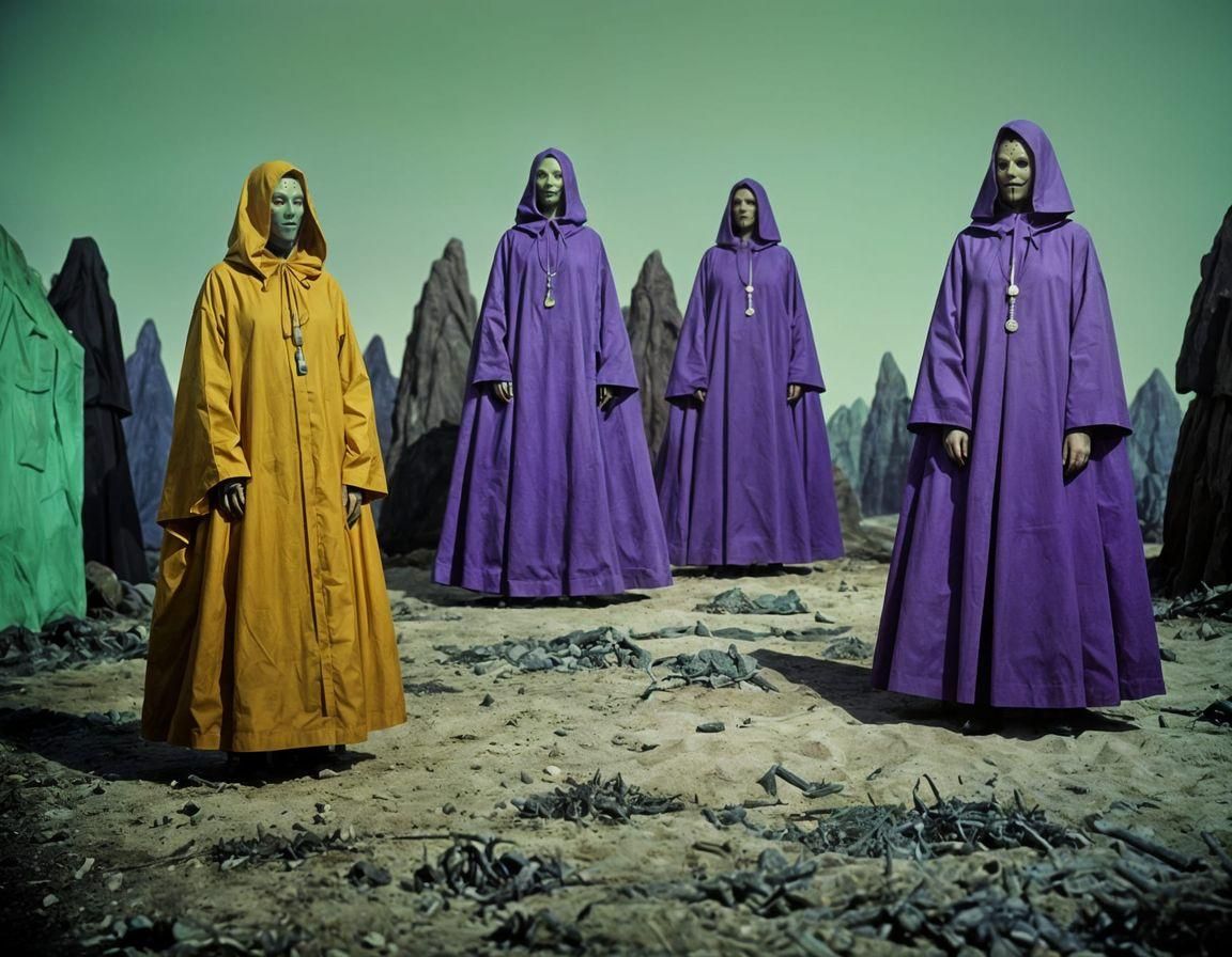 Eerie Folk Horror Scene in Pastel Hues