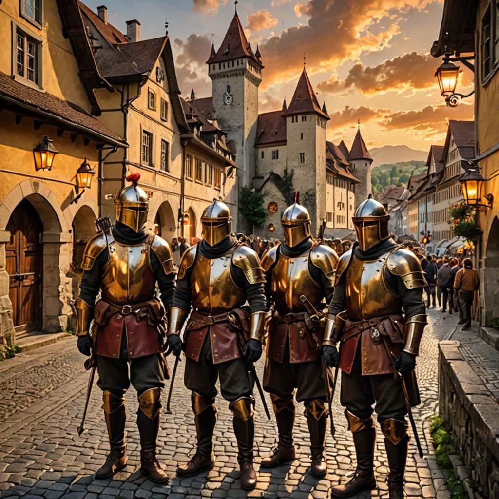 Medieval Swiss Soldiers at Fribourg Gates in Golden Light