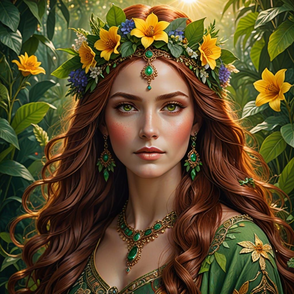 A stunning, close portrait of Apate, the Goddess of Flowers.