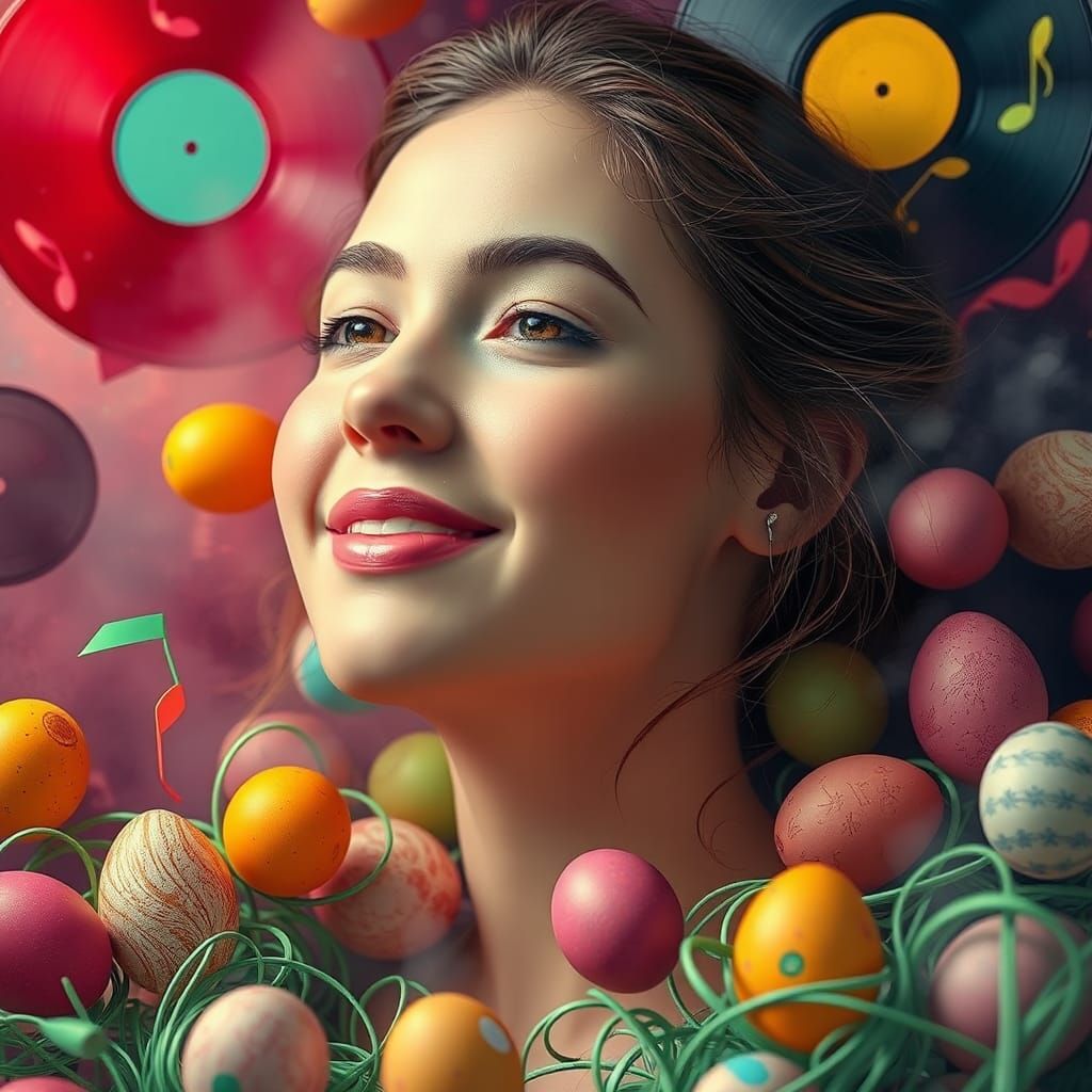Dreamy Portrait with Records and Eggs
