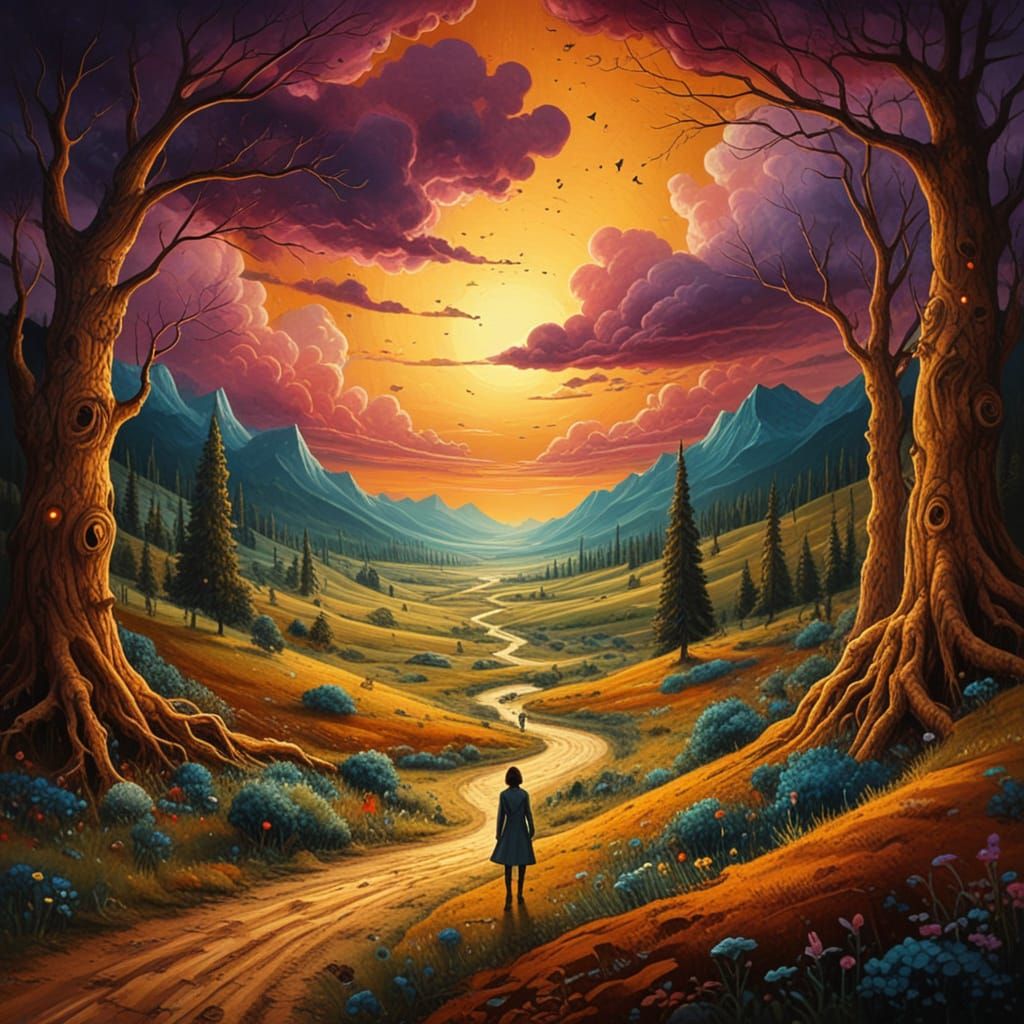 Dreamlike Landscape with a Woman in a Vast, Vibrant World