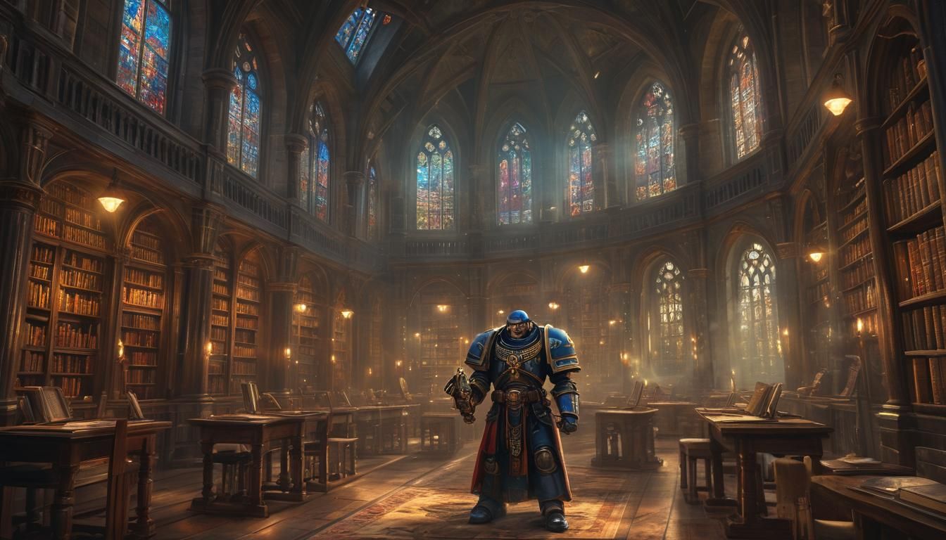 Space Marine Studying in Gothic Library, Fantasy Portrait