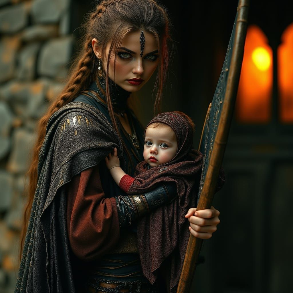 Gothic Viking Shield Maiden Serenades Baby in Cozy Longhouse