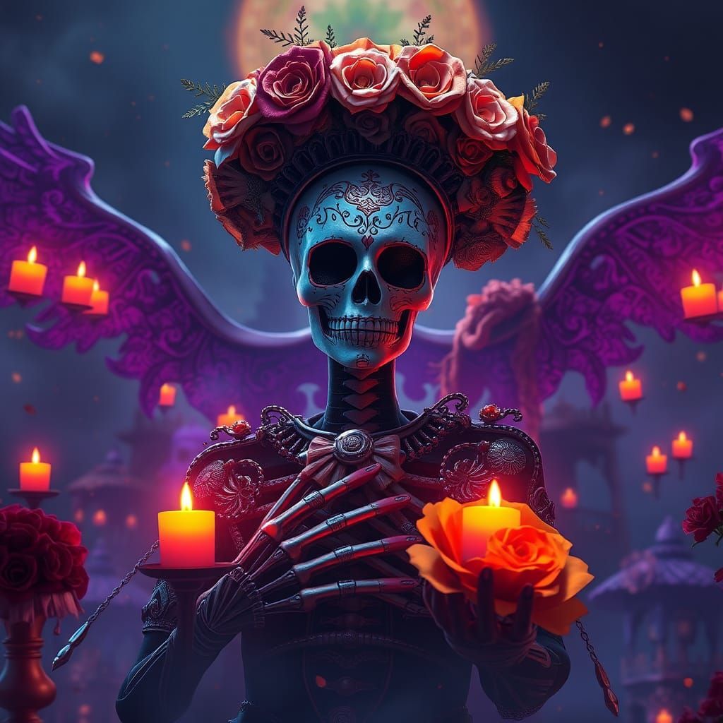 Vibrant Día de los Muertos Scene in Deep Color