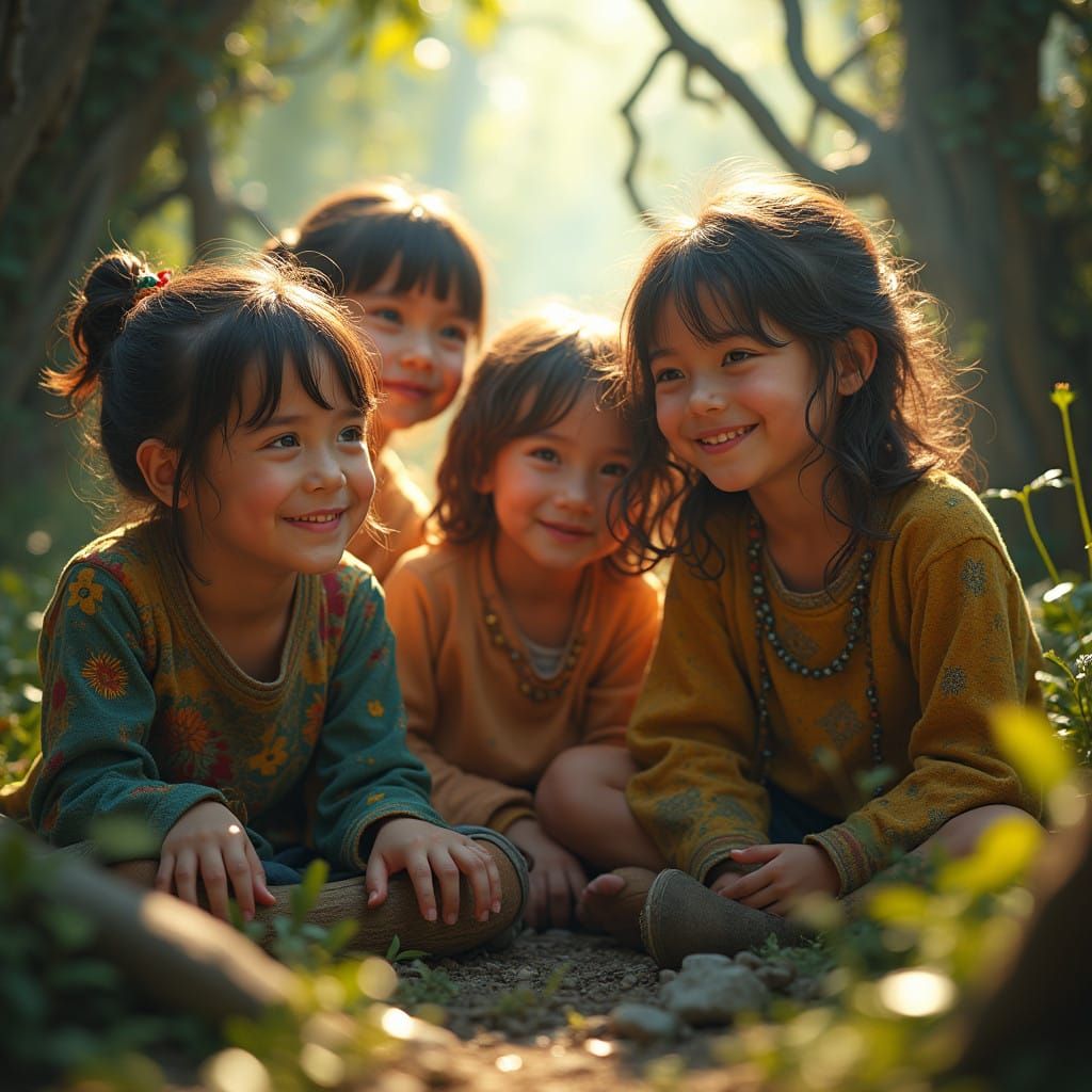 Whimsical Children in a Dreamlike Landscape