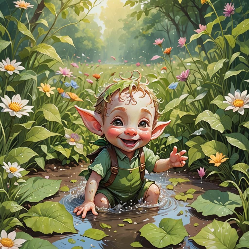 Laughing Elf Child and Piglet in Meadow, Anime Style