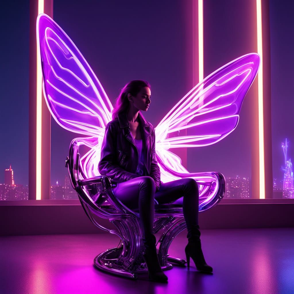 Bioluminescent Fairy Over Cyberpunk City in Mead Style