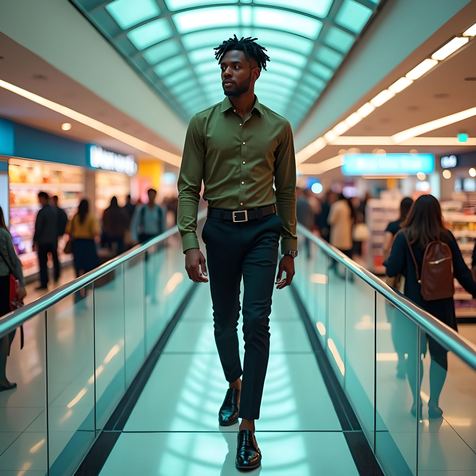 Man in Green Shirt Walks on Glass Floor