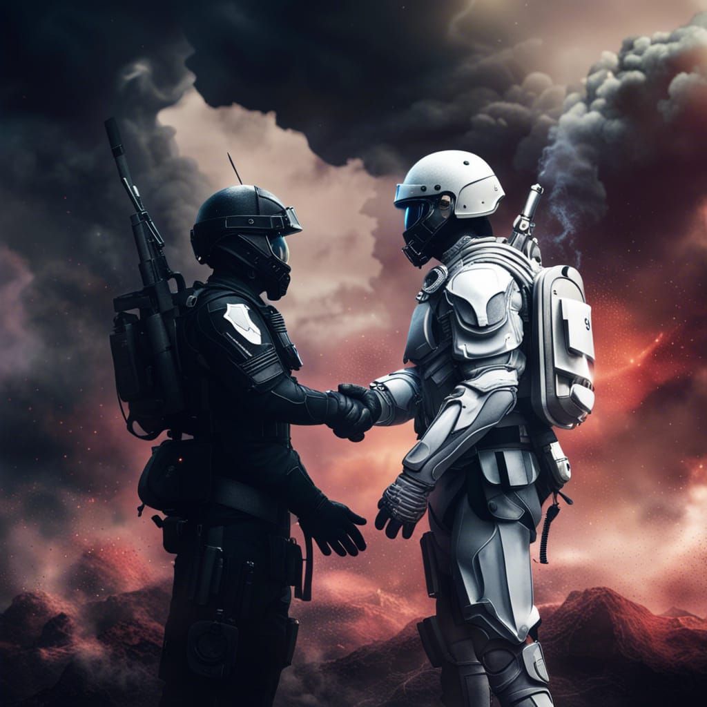Futuristic Soldiers' Handshake in Smokey Battlefield