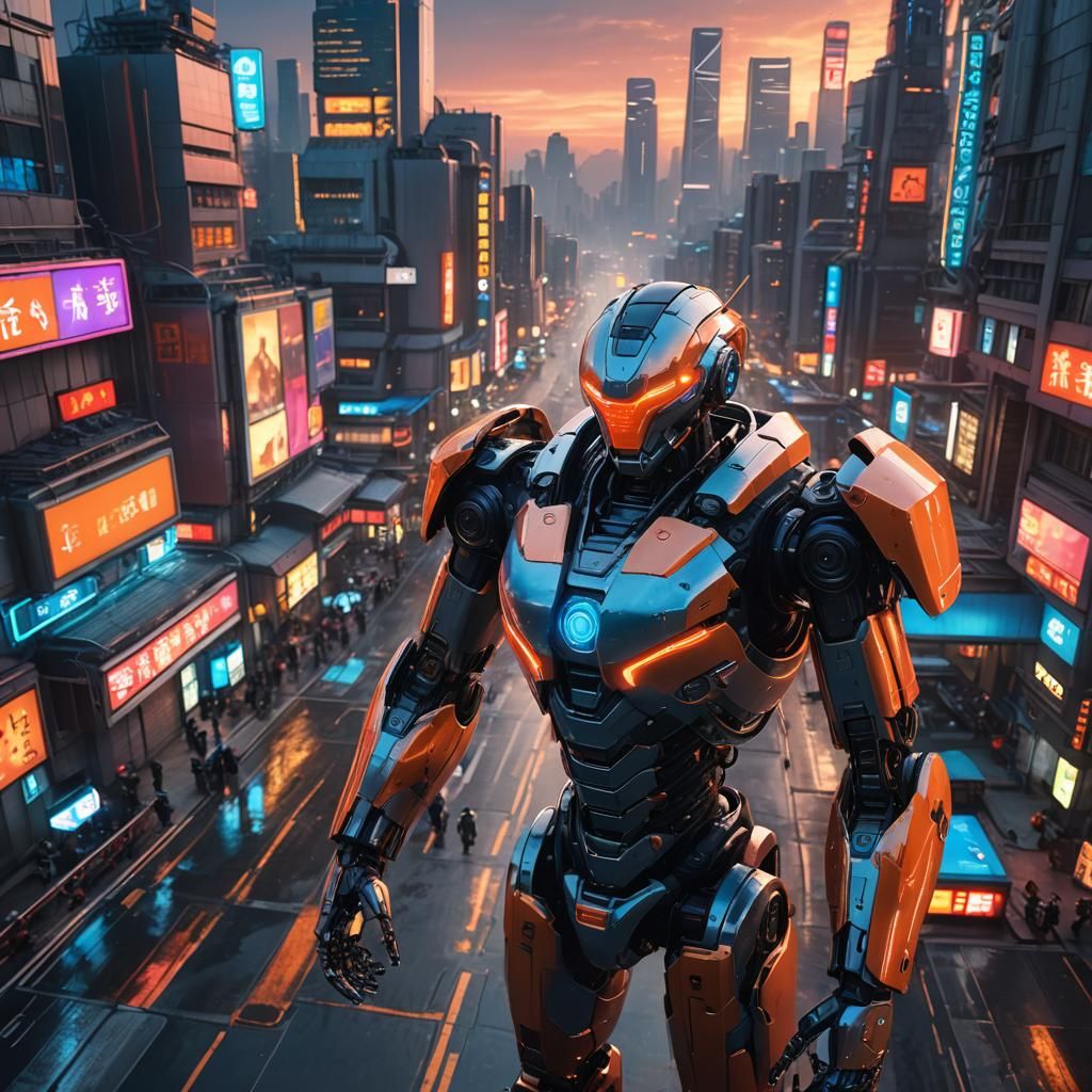 Futuristic Robot in Sci-Fi Beijing Metropolis