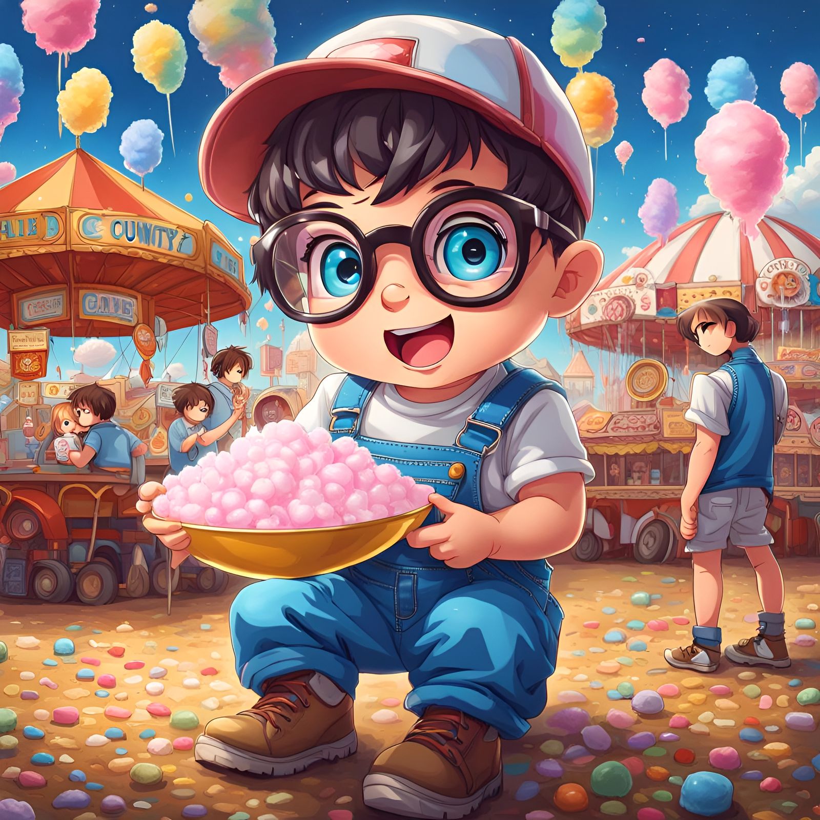 Chibi Anime Boy at Fair Eating Cotton Candy