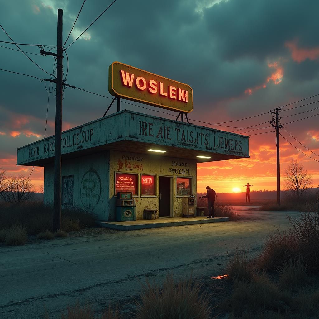 Eerie Gas Station Scene in Dark Fantasy Style