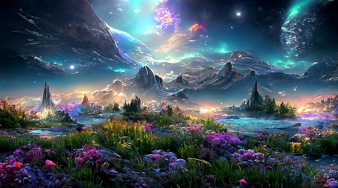 Iridescent Fantasy Landscape with Luminous Moons and Aurora
