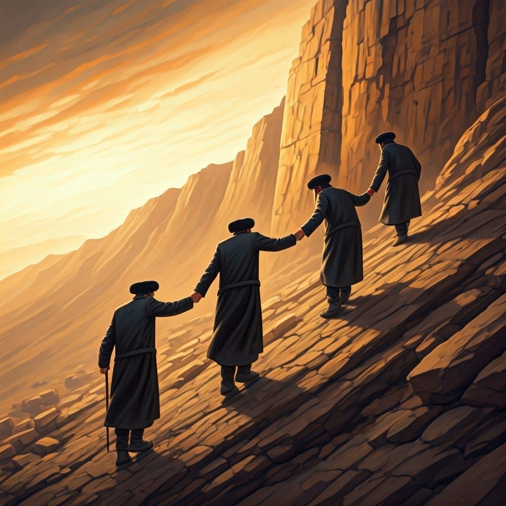 Three Hasidic Men in Traditional Attire Climb a Rocky Cliff....