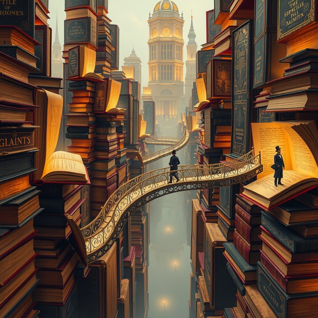 Surreal City of Floating Books in Whimsical, Dreamy Atmosphe...