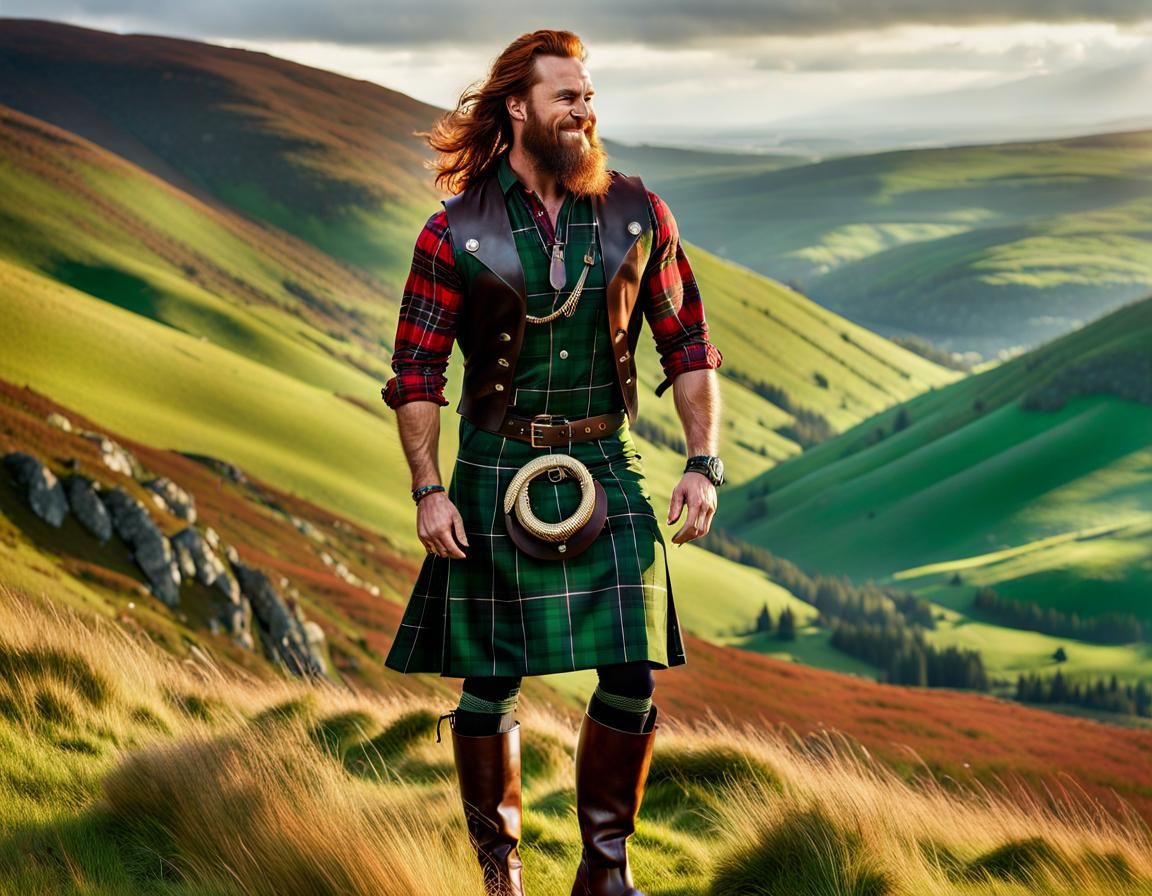 Man in Tartan Dress Standing in Sunny Hills