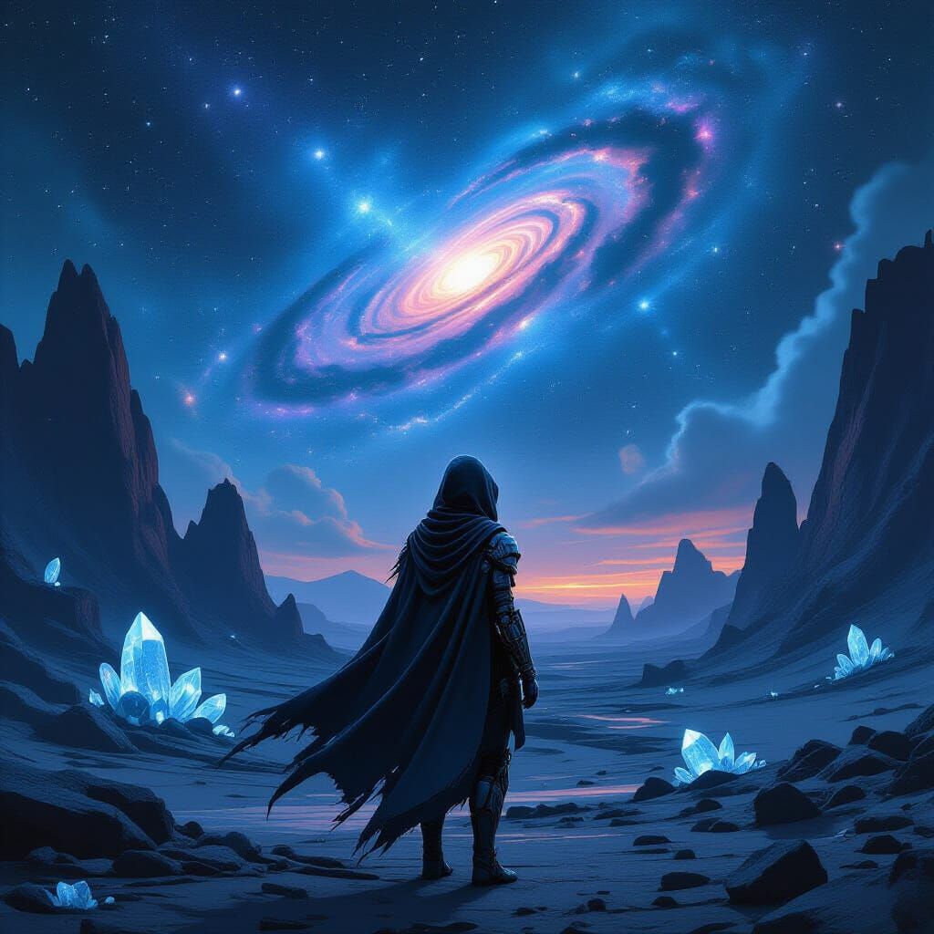 Cyborg Wanderer Gazing at Nebula in Alien Landscape