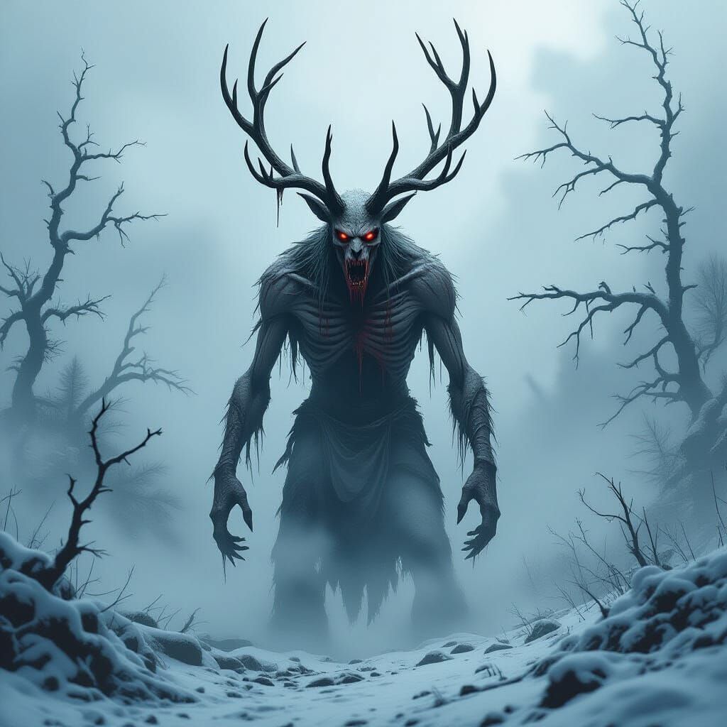 Terrifying Wendigo Creature in Bleak Winter Landscape