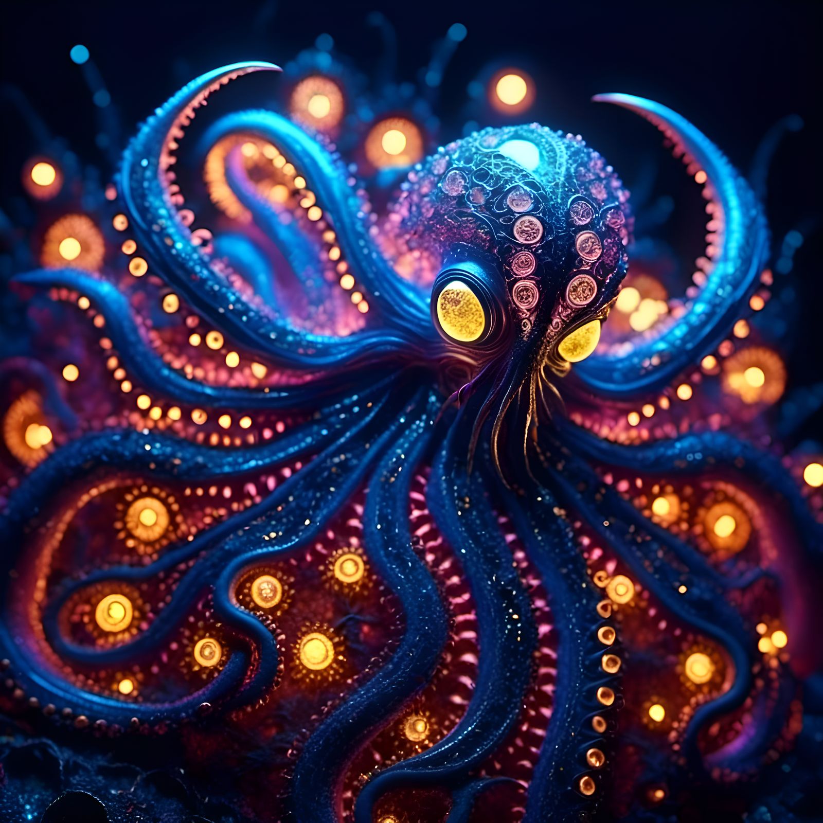 Bioluminescent Octopus Zentangle in Van Gogh Style