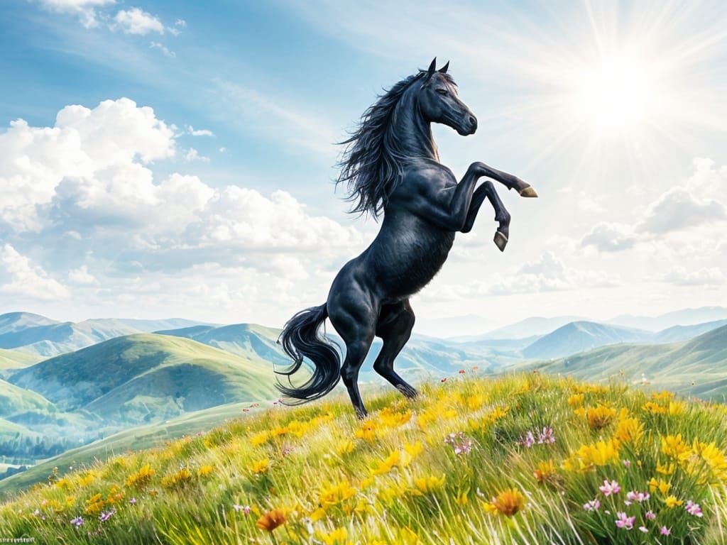 Ethereal Midnight Stallion Reigns Over Dreamy Landscape