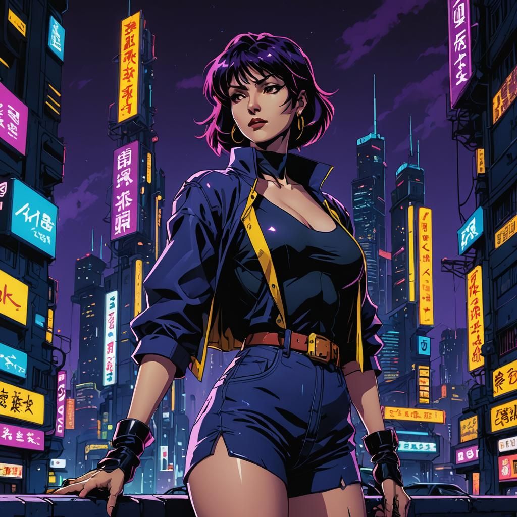 Faye Valentine in Cyberpunk Neon Cityscape