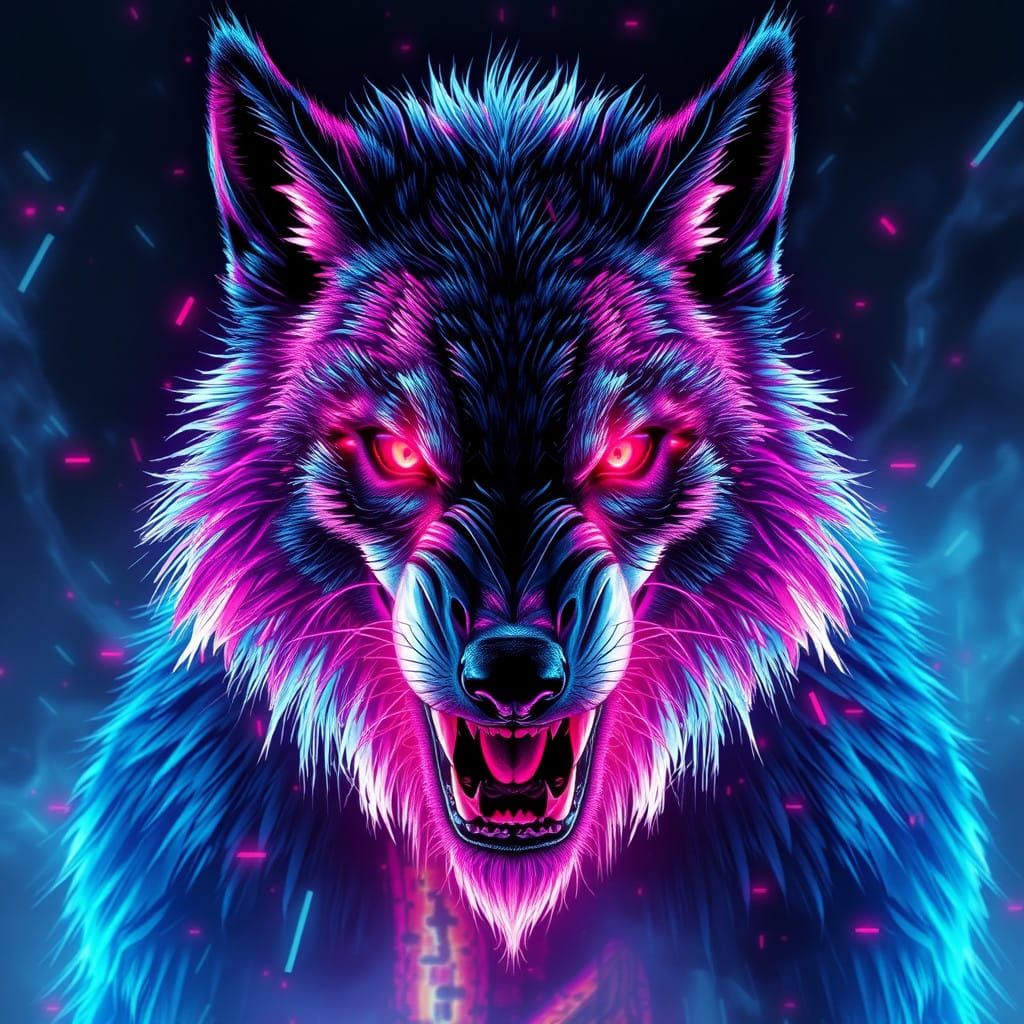 Vaporwave Werewolf in Neon Holographic Vortex