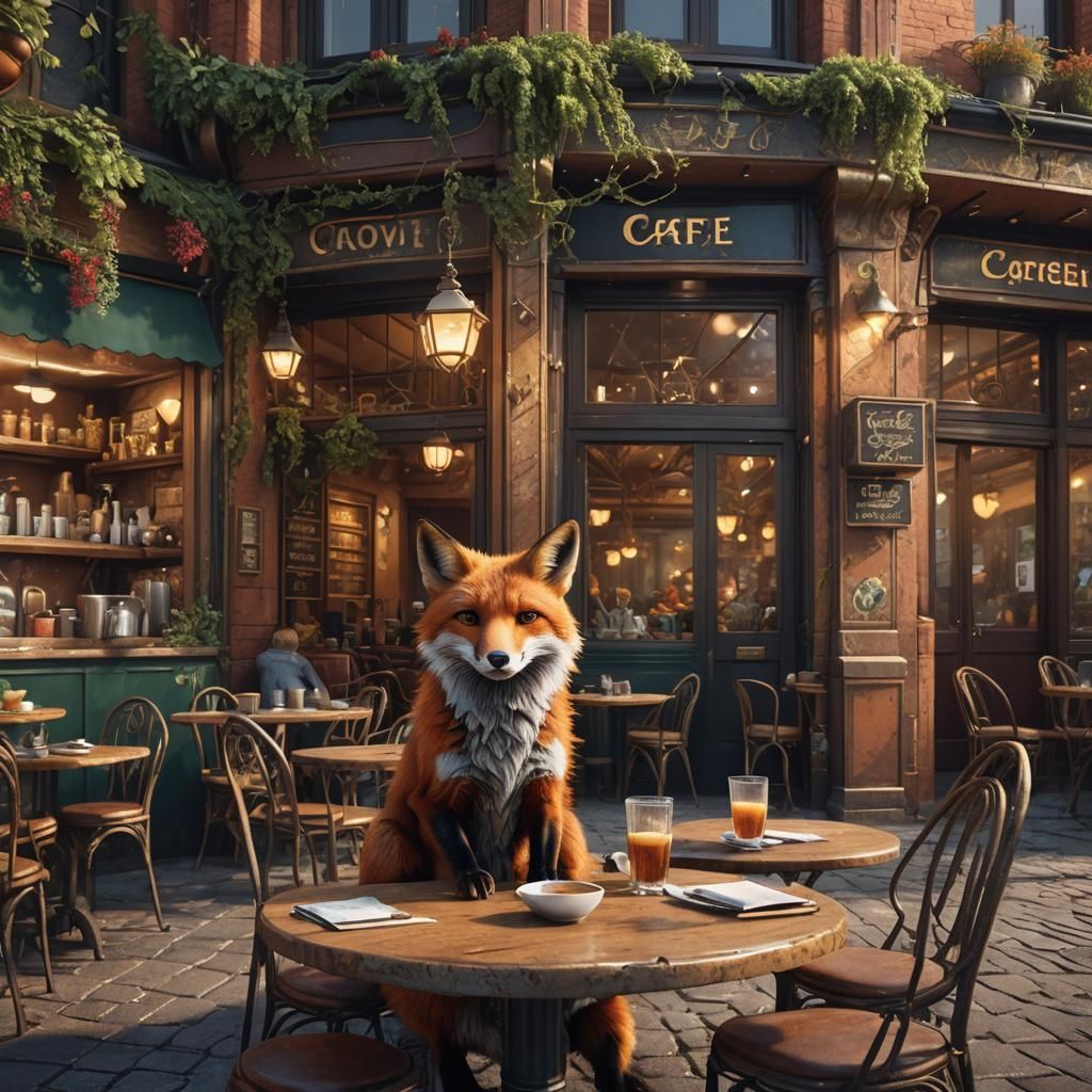 Fox Enjoying Coffee: Detailed Fantasy Art