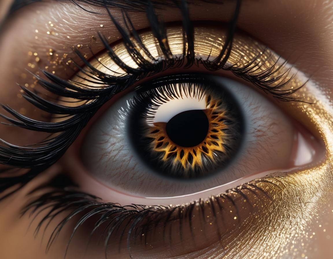 Close-Up of a Black Eye with Gold Eyeshadow