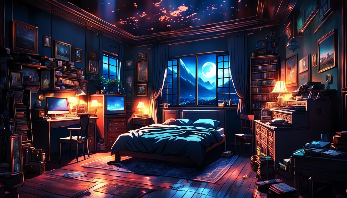 Anime Bedroom at Night: Digital Matte Painting
