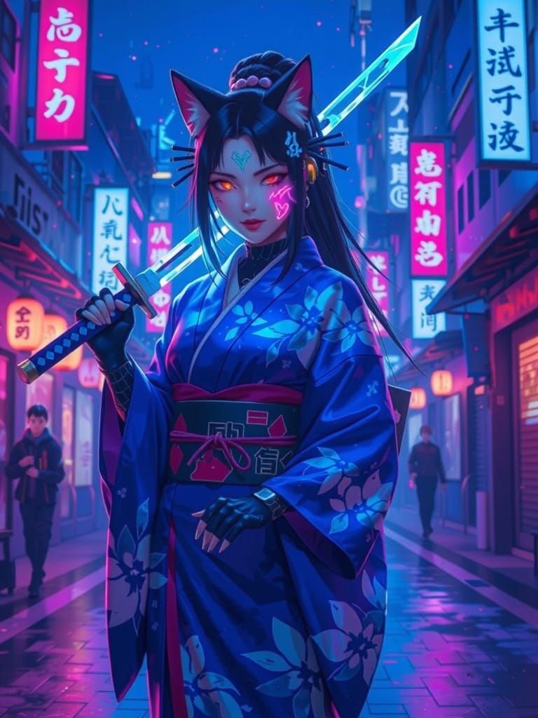 Cyberpunk Kitsune with Energy Katana in Neon Tokyo