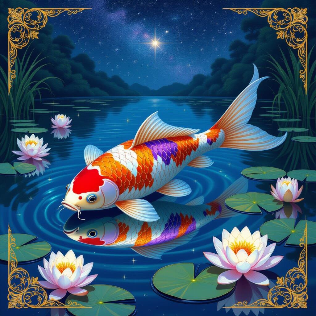Celestial Koi Fish in Starry Pond, Hyperrealistic Art