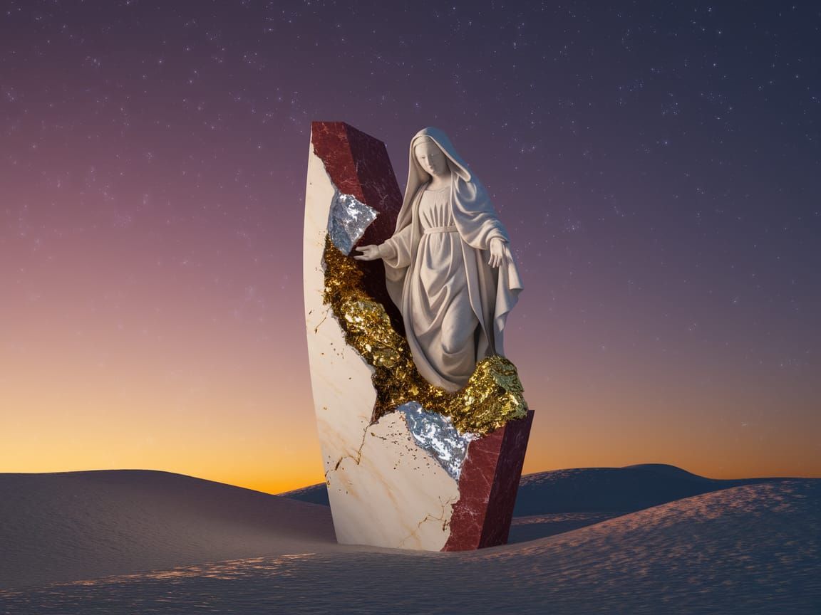 Surreal Sculpture of Annunciation in Radiant Sunrise Glow