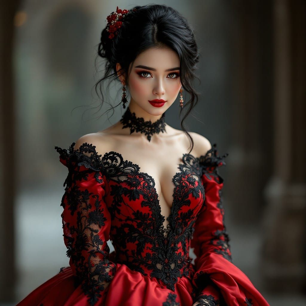Elegant Bride in Red and Black Wedding Attire with Intricate...
