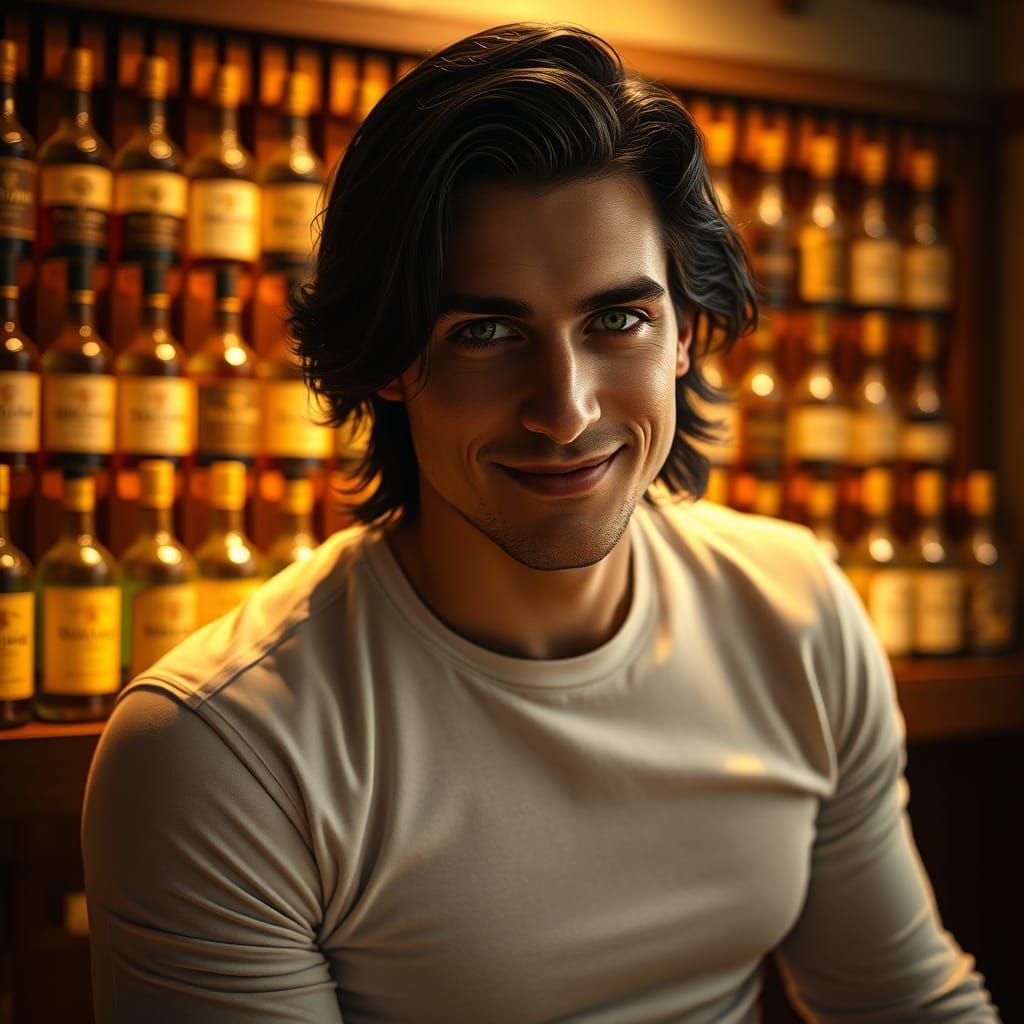 Enigmatic Bartender with Emerald Eyes in Photorealistic Styl...